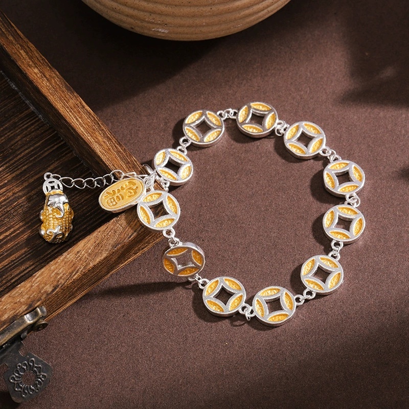 Universal Electroplated Silver Geometric Pattern Copper Vintage Ethnic Style Gold-Plated Pixiu Bracelet For Women New Chinese Style National Style Wealth-Attracting Fortune Copper Coin Hand Jewelry