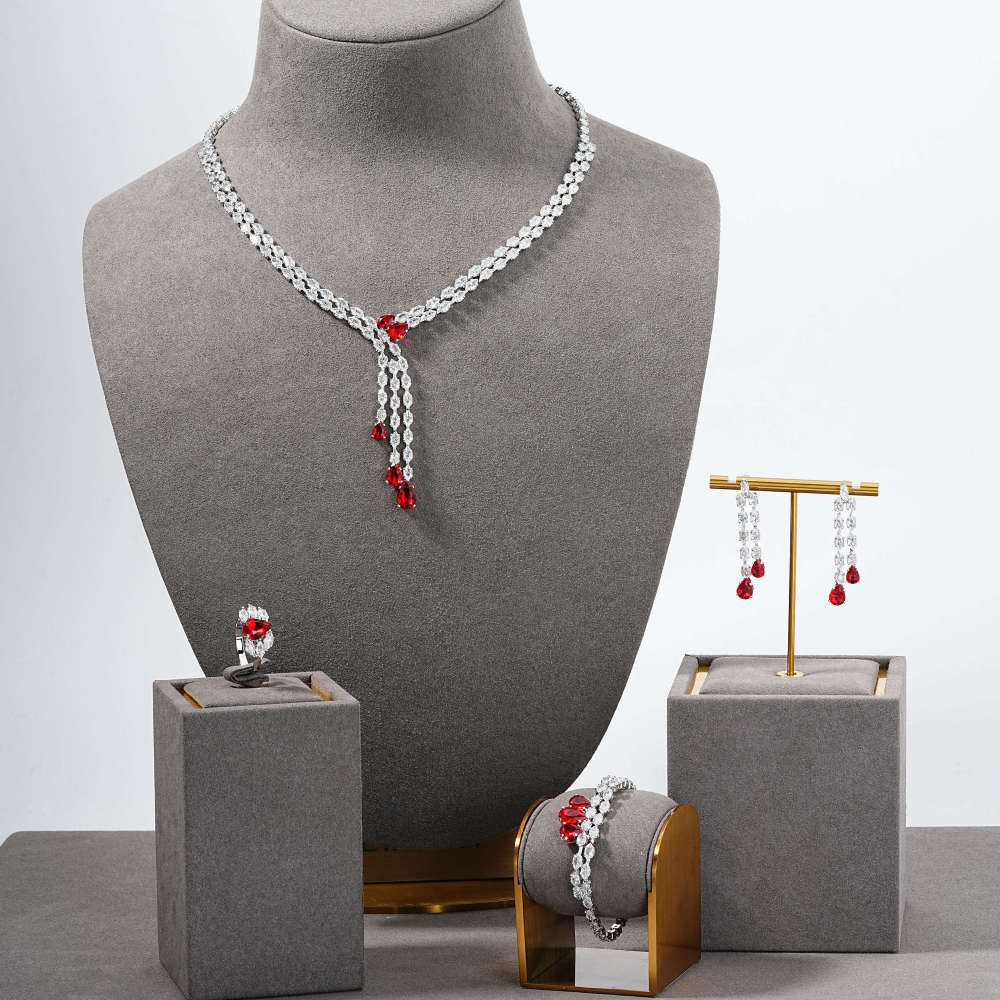 Elegant Fashion Jewelry Set, Water Drop Geometric Tassel Design Zircon Exquisite Necklace Earrings Bracelet Ring, Ideal Gift For Women, Suitable For Date And Party Accessories