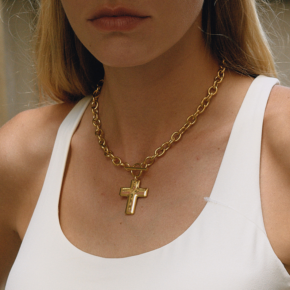 Women's Vintage Style 18K Gold Stainless Steel Smooth Cross Pendant OT Clasp Necklace 42CM