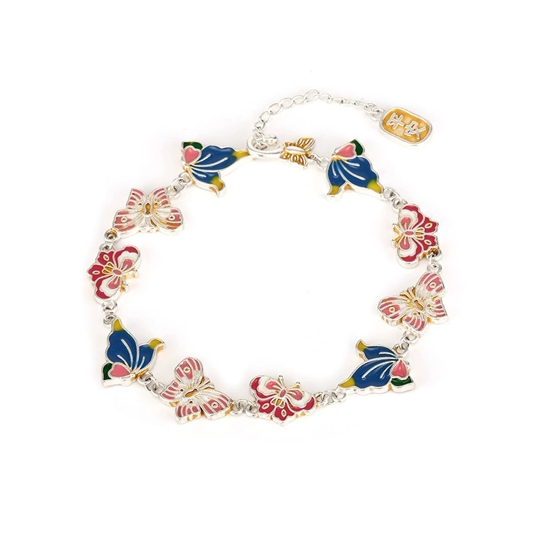 Silver-Plated Bracelet Enamel Butterfly Joy Gold-Plated Vintage Copper Geometric Pattern Bracelet New Chinese Style National Trend Exquisite Handmade Girlfriend Gift