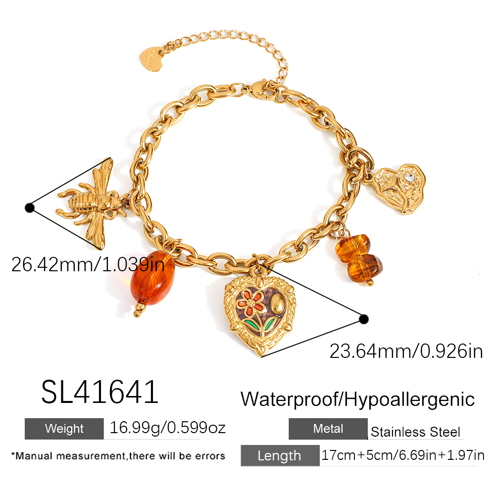 Oil Drip Flower Heart Shape Pendant Ins Style Little Bee Pendant Vacuum Electroplating 18K Real Gold 304 Stainless Steel DIY Bracelet