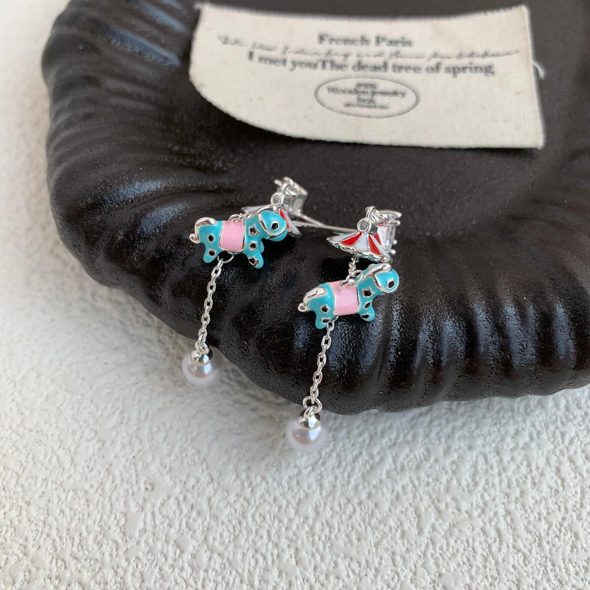 Creative Christmas Decorations Asymmetric Zircon Mini Umbrella Rotating Horse Pearl Earrings Jewelry Ear Studs For Women