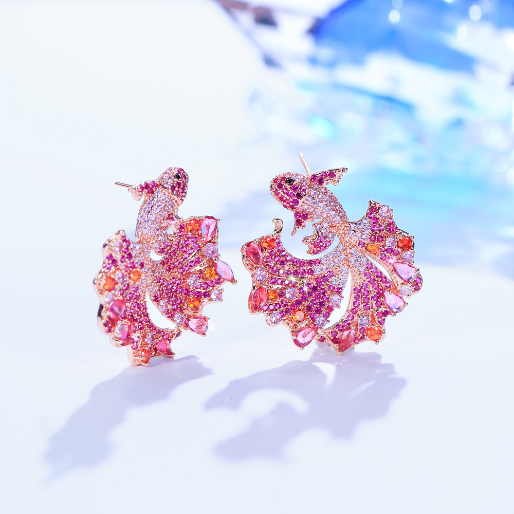 Creative Copper Fish Shaped Earrings With Colorful Zirconia Stones Wedding And Date Suitable Women's Fashion Jewelry Accessories