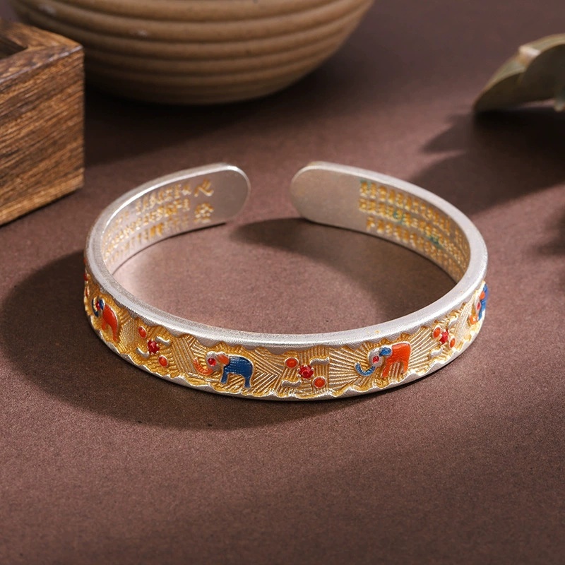 Vintage Ethnic Style Silver-Plated Bracelet With Gold Enamel Auspicious Symbols Ruyi Heart Sutra Bracelet Chinese Style Gift For Girlfriend Ancient Silver Bracelet Geometric Pattern Flower