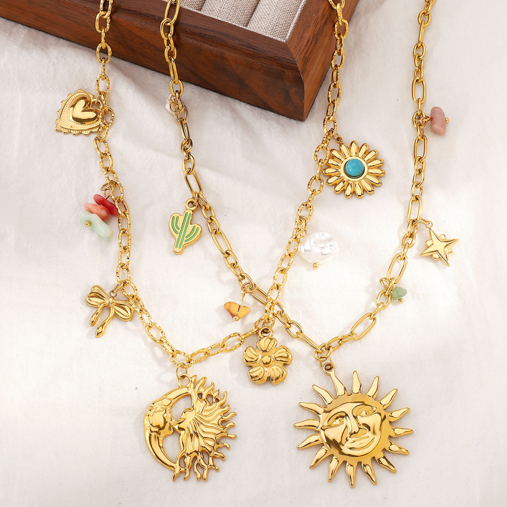 Casual  Style Fruit Pendants Women's Necklace Fashionable Stainless Steel Sun Star Pendant Jewelry