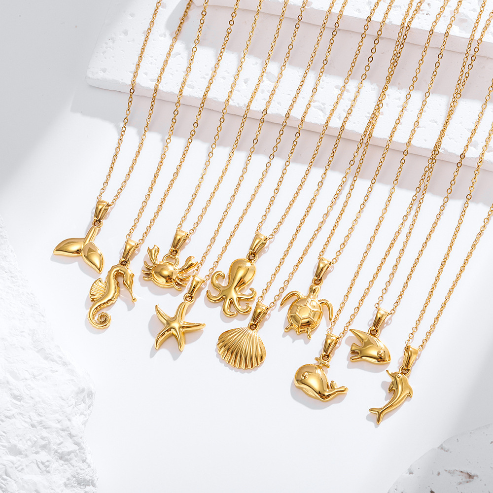 18K Gold Plated Turtle Starfish Shell 304 Stainless Steel Animal Pendant Necklace Fashion Starfish Conch Collarbone Chain Women's Ocean Series Jewelry Accessories