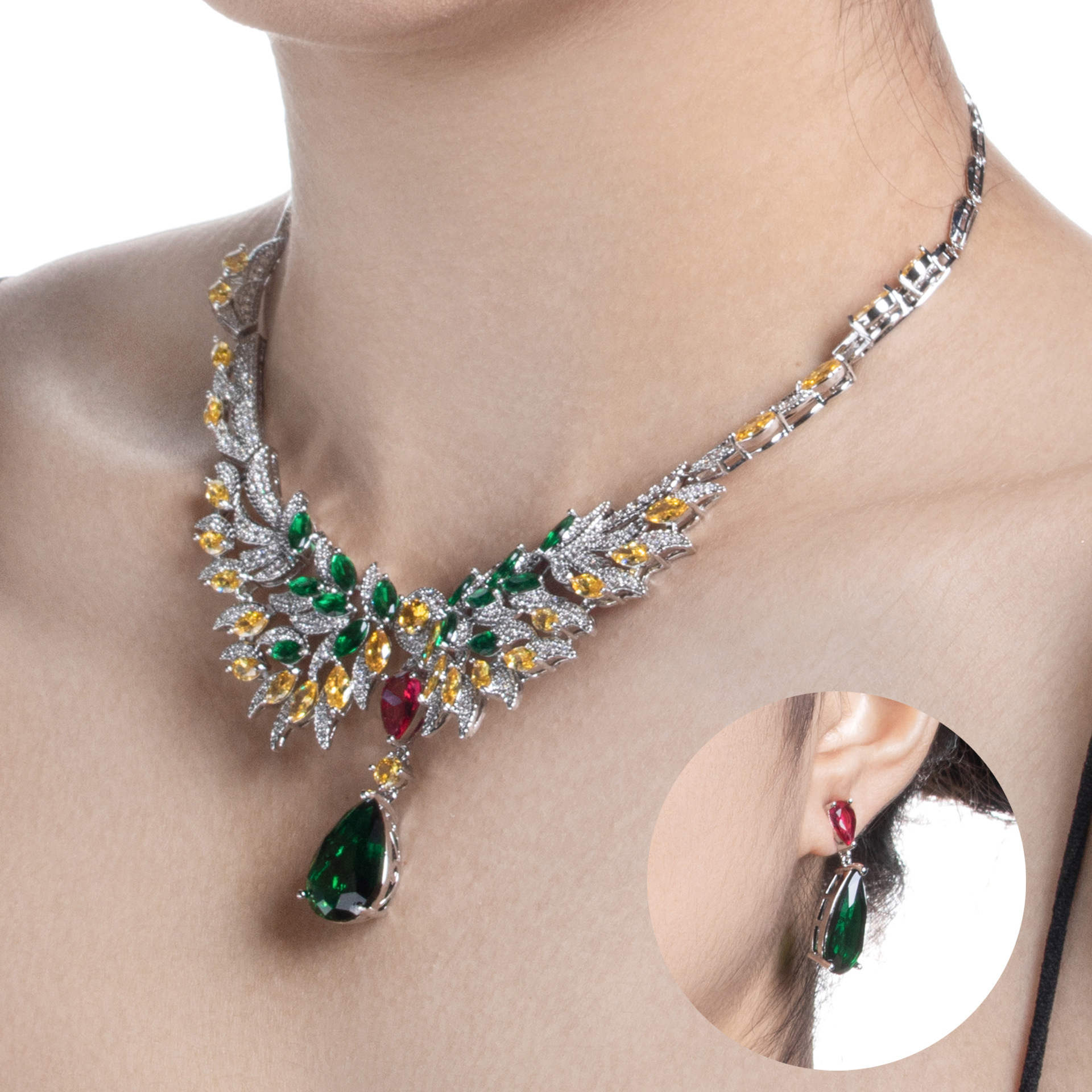 Zircon Jewelry Set Embedded Waterdrop Emerald Gem Necklace Earrings Oxidized Zirconia Ethnic Style Women's Fashion Accessories