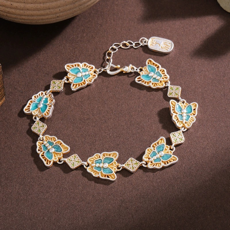 Silver-Plated Bracelet With Gold-Plated Enamel Butterfly Vintage Peace And Joy Bracelet For Women Enamel Gold-Plated National Style High-End Feel