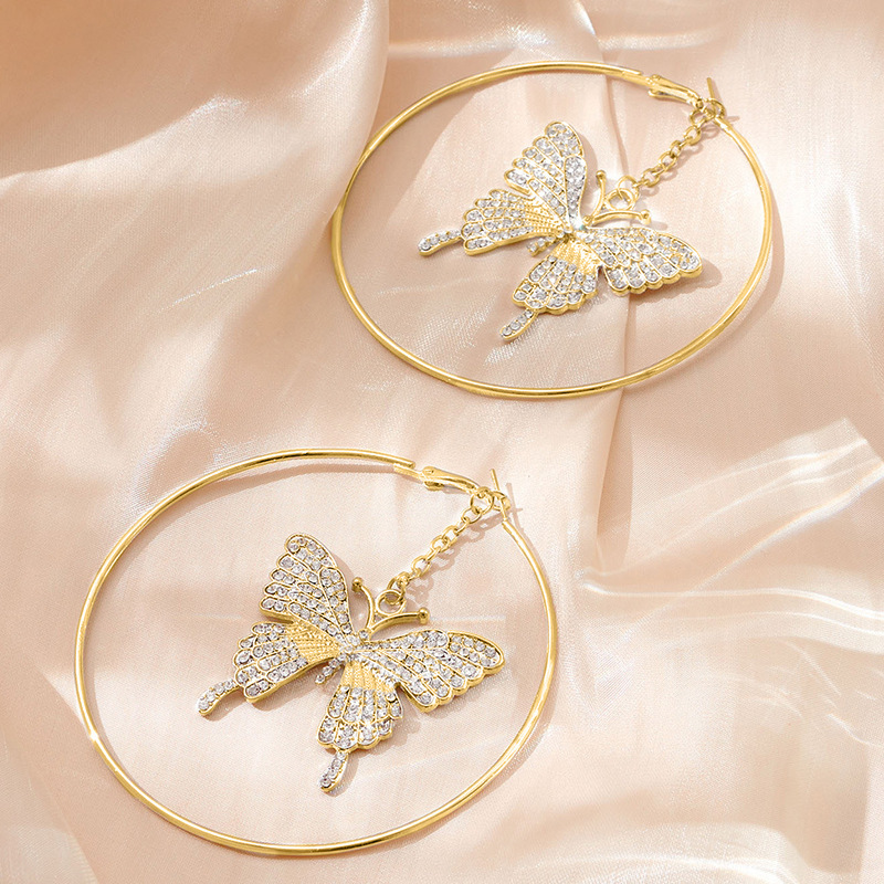 Butterfly Shaped Hoop Earrings Women's Fashion Diamond Pendants Circle Studs Elegant Jewelry Accessories Copper Material