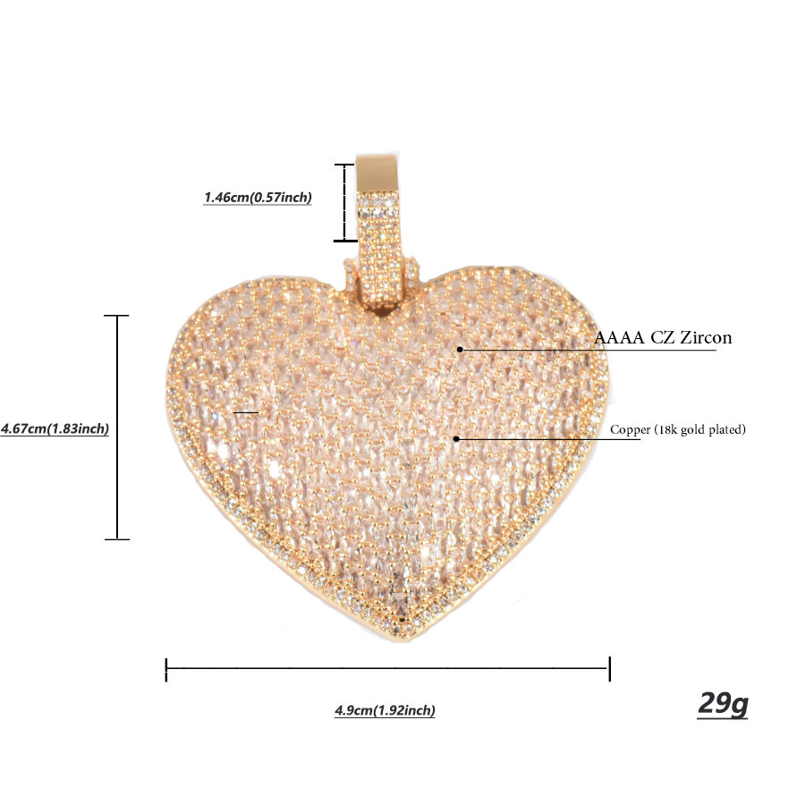 New Hip Hop Large Heart Shaped Pendant Necklace  Street Style Zircon Accessory Fashion Copper Craft