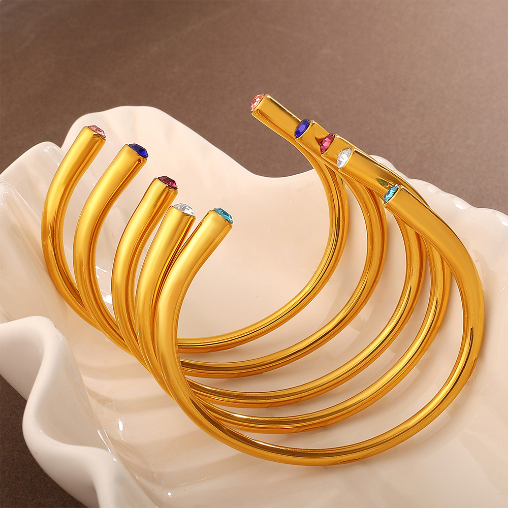 Multicolor Gemstone Open Bracelet Minimalist Colorful Diamond Jewelry Elegant Women's Bracelet 304 Stainless Steel Vacuum Electroplated 18K Real Gold