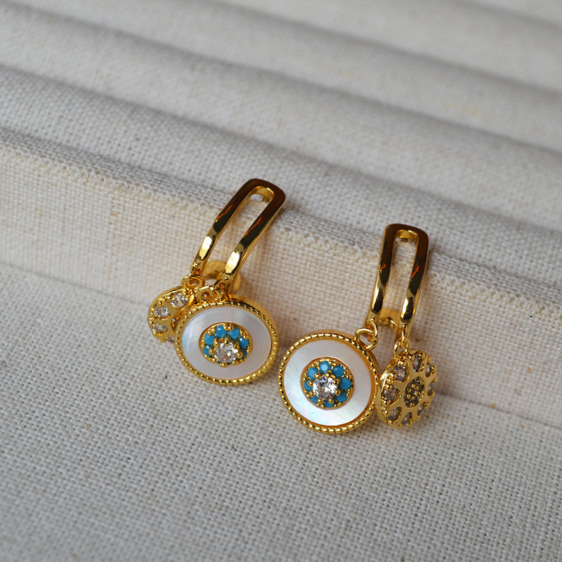 White Mother-of-Pearl Turkish Eye Zirconia Sparkling Diamond 925 Silver Needle Earrings Women's Jewelry Accessories Hoop Earrings