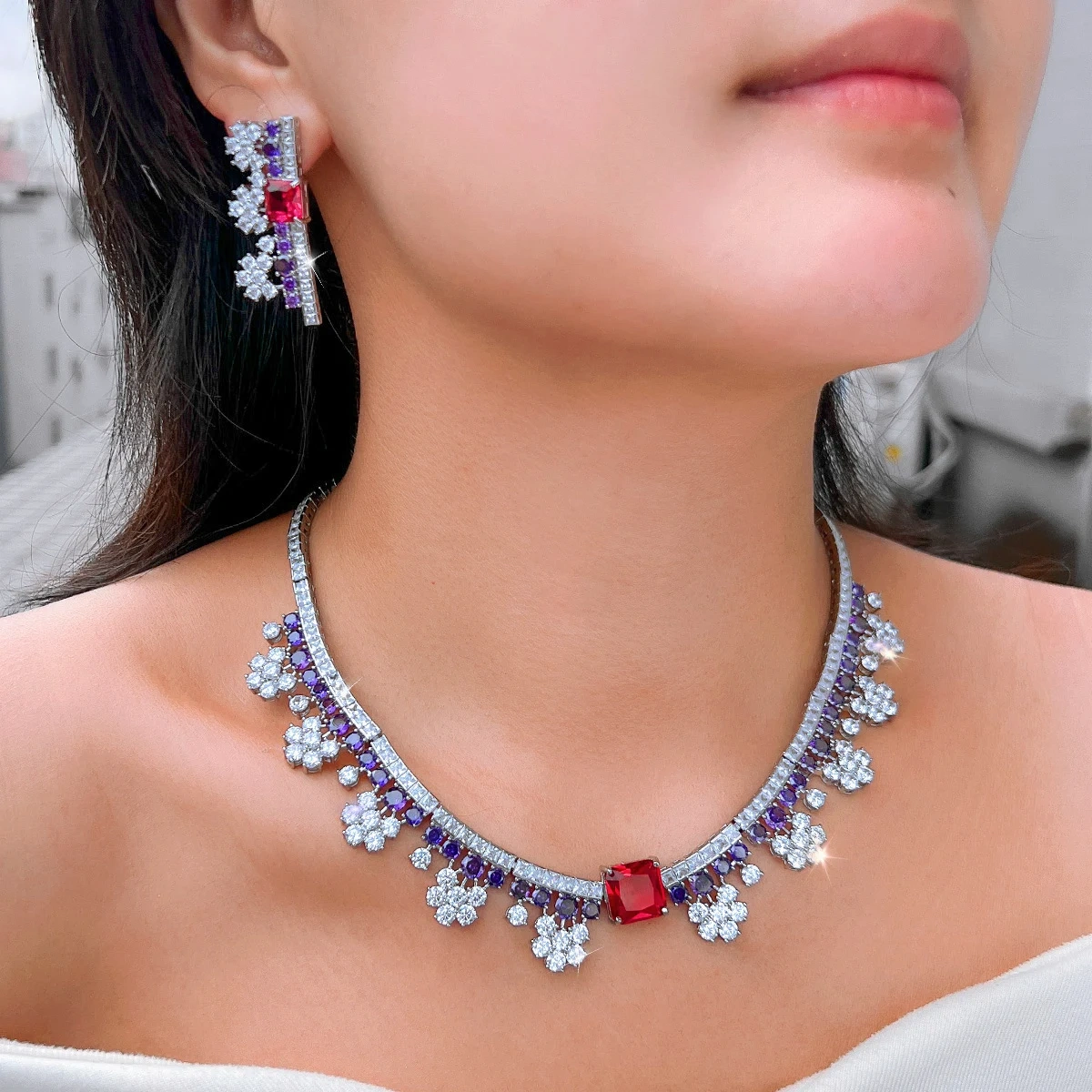 Copper Jewelry Two-Piece Set Charming Purple White Red Zircon Inlaid Floral Necklace Earring Set Suitable For Women Engagement/Wedding Ideal Jewelry Gift