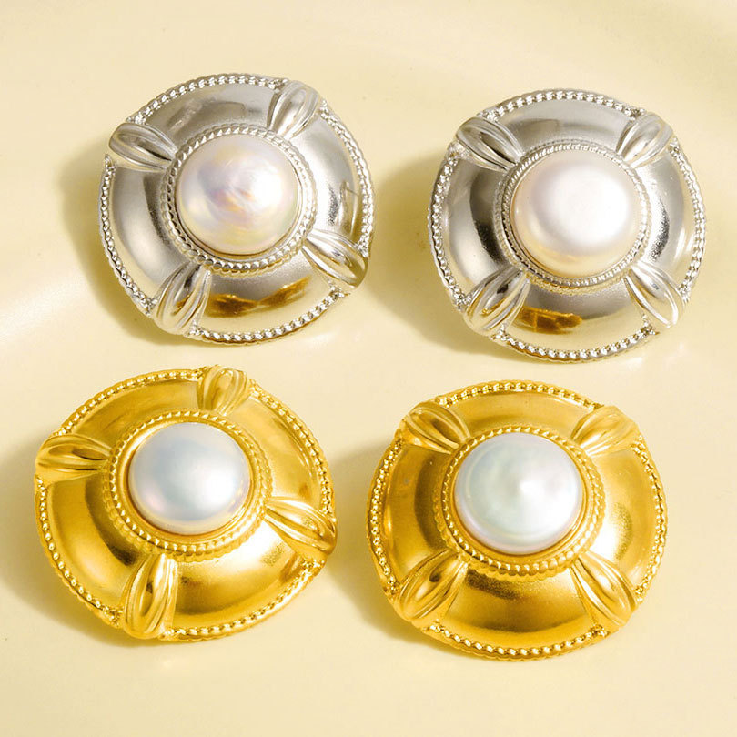 Natural Pearl Stud Earrings 304 Stainless Steel Irregular Round Lightweight Luxury Geometric Pattern Simple Earrings For Women