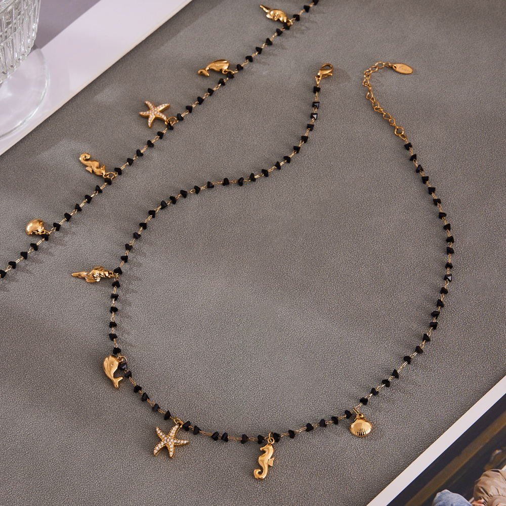 Stainless Steel Starfish Zircon Crystal Stone Beach Vacation Style Necklace Gold Plated DIY Multi Pendant Jewelry Accessories