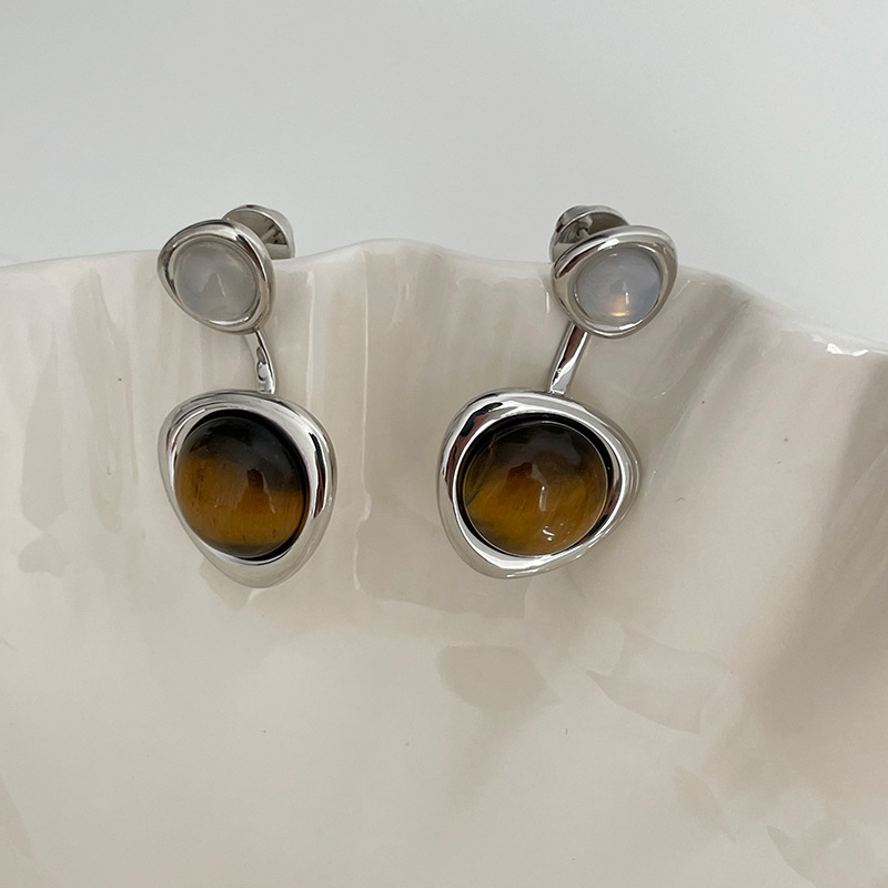 Elegant Vintage Tiger Eye Stone Pendant Necklace Set For Women Geometric Irregular Design Unique Fashion Jewelry Accessories