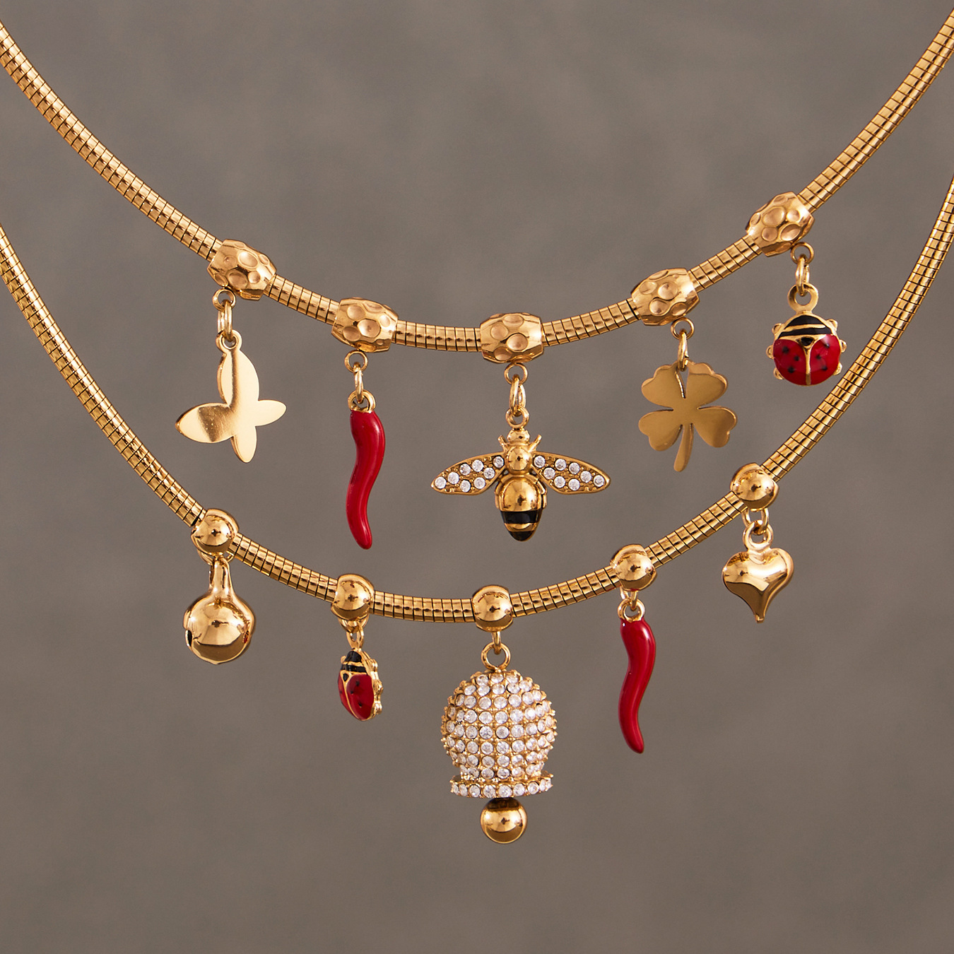 Stainless Steel Zirconia Pendant Oil Drop Red Pepper Ladybug Bee Bell Tassel Women's Necklace Unique Style Jewelry Accessories