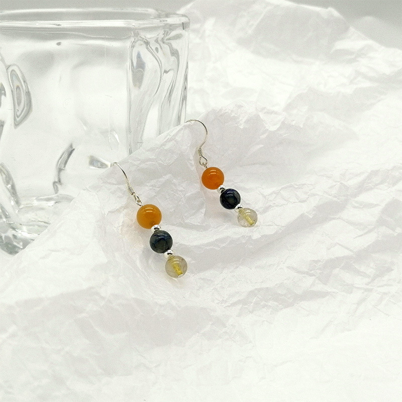 New Chinese Style Colorful Beaded Women's Earrings S925 Silver Studs Geometric Pattern Crystal Simple Design Jewelry Accessories