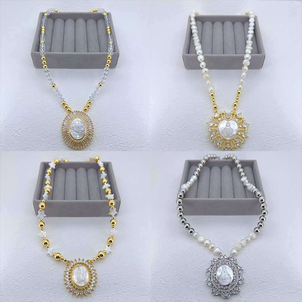 European And American Hot-Selling Color-Retaining Electroplated Micro-Inlaid Zircon Shell Virgin Mary Cross Acrylic Pearl Copper Simple Style Lobster Clasp Necklace