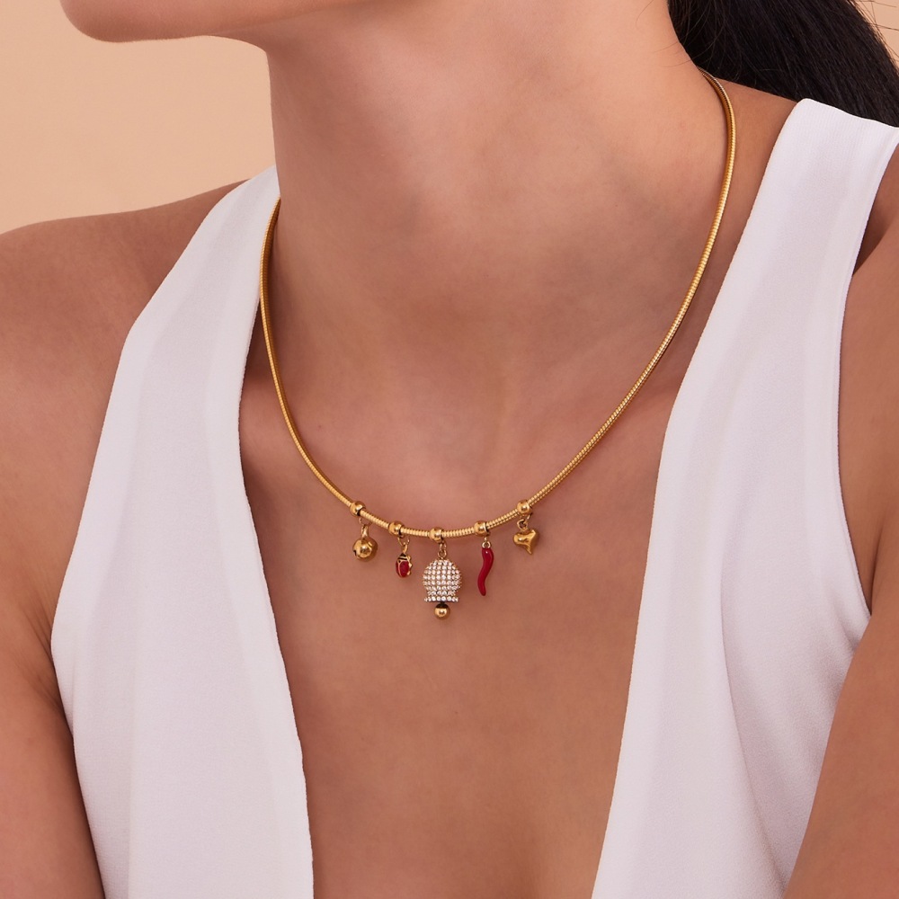 Stainless Steel Zirconia Pendant Oil Drop Red Pepper Ladybug Bee Bell Tassel Women's Necklace Unique Style Jewelry Accessories