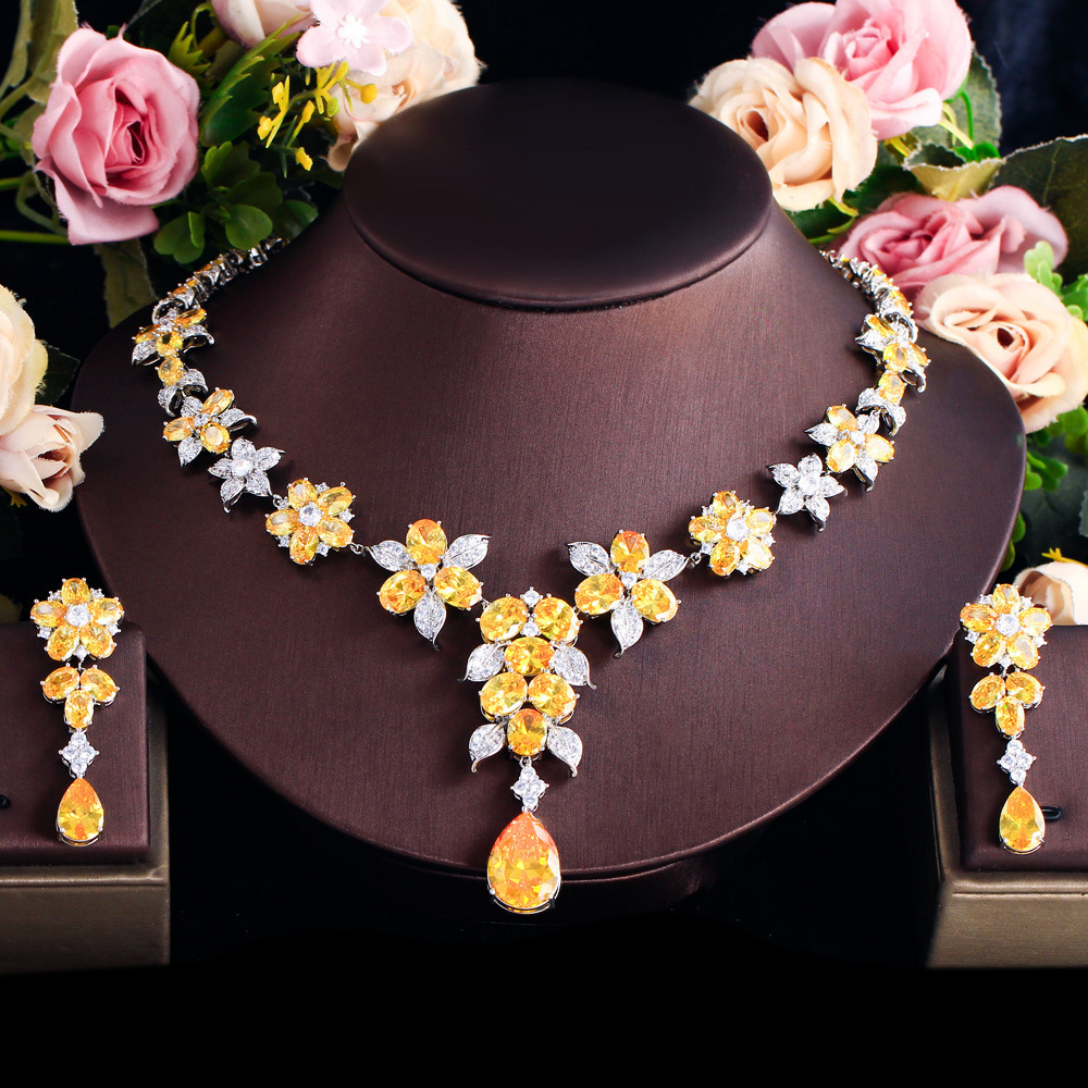 Women's Luxury Yellow Zircon Copper Jewelry Set - Teardrop Floral Earrings And Necklace For Wedding Banquet Evening Party Date