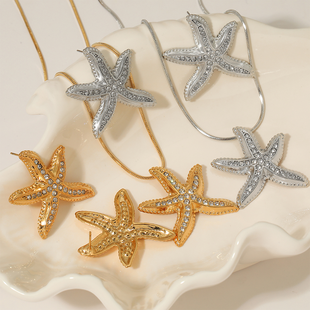 Real Gold Plated 316 Stainless Steel  Ion Plating (IP) Starfish Waterproof Non Tarnish Marine Style Beach Cable Chain Earrings Necklace For Women's
