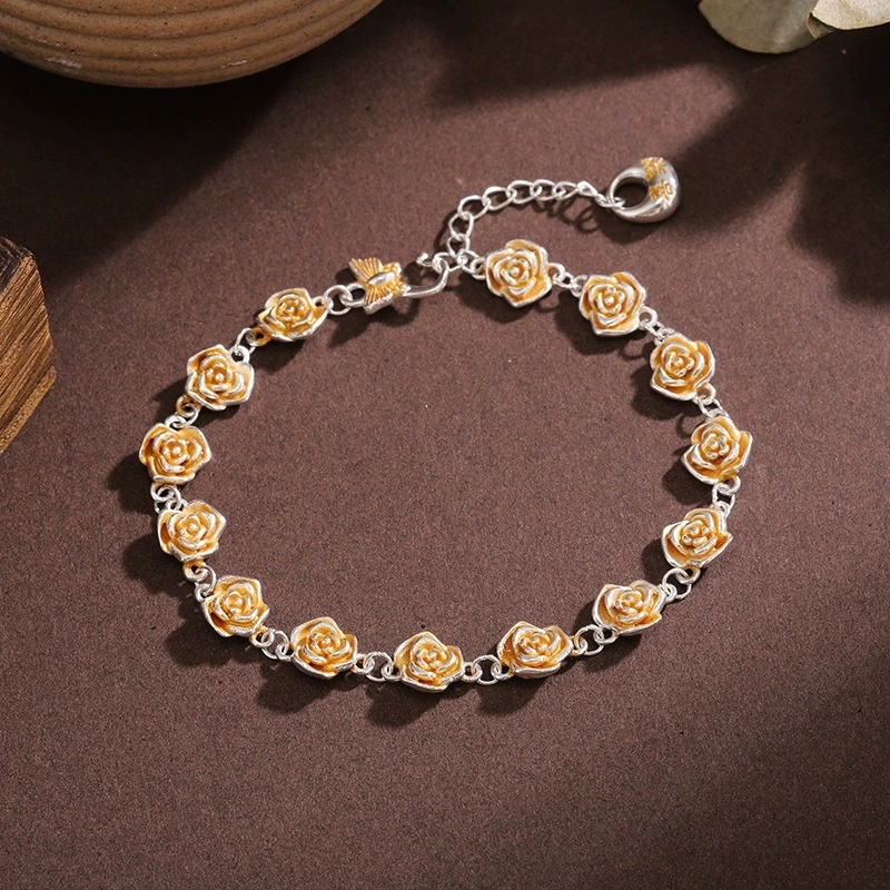 Silver-Plated Bracelet With Gold Rose Flower Geometric Pattern, Vintage Ethnic Style Joy Bracelet, National Trend Exquisite Versatile Fashion Light Luxury Gift For Girlfriend