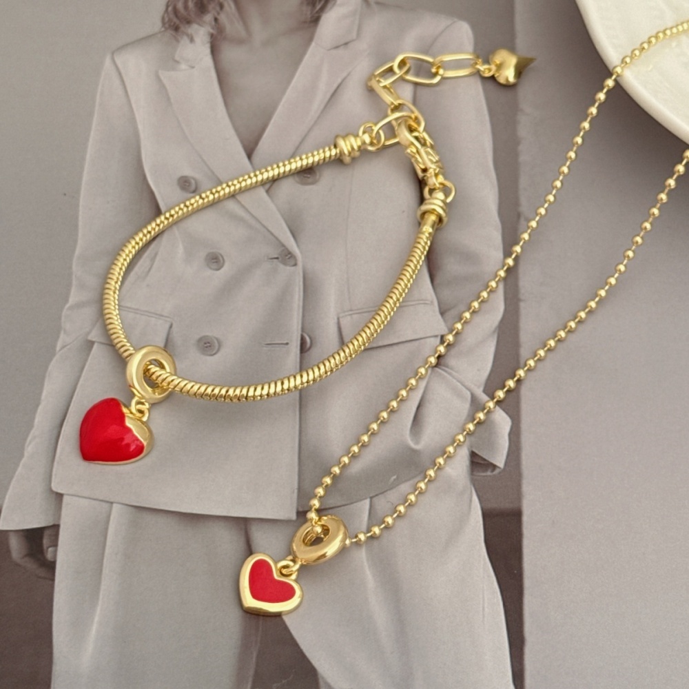 1 Set Of Heart Bracelet And Necklace Jewelry Suitable For Men And Women Couples Friends To Wear Copper Plated With 18K Gold Oil Drop Fashionable And Beautiful