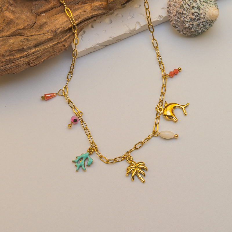 Fashion 304 Stainless Steel Shell Starfish Conch Necklace For Women Vacation Beach Ocean Style Coconut Tree Titanium Steel Jewelry Accessories