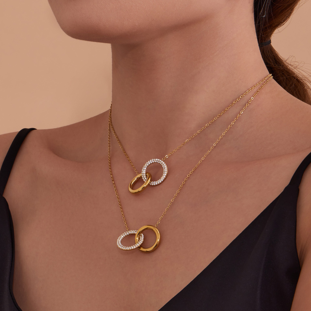 Stainless Steel Double Ring Zircon Necklace Bracelet 18K Gold Plated Fashionable Versatile Luxury Jewelry Accessories Set