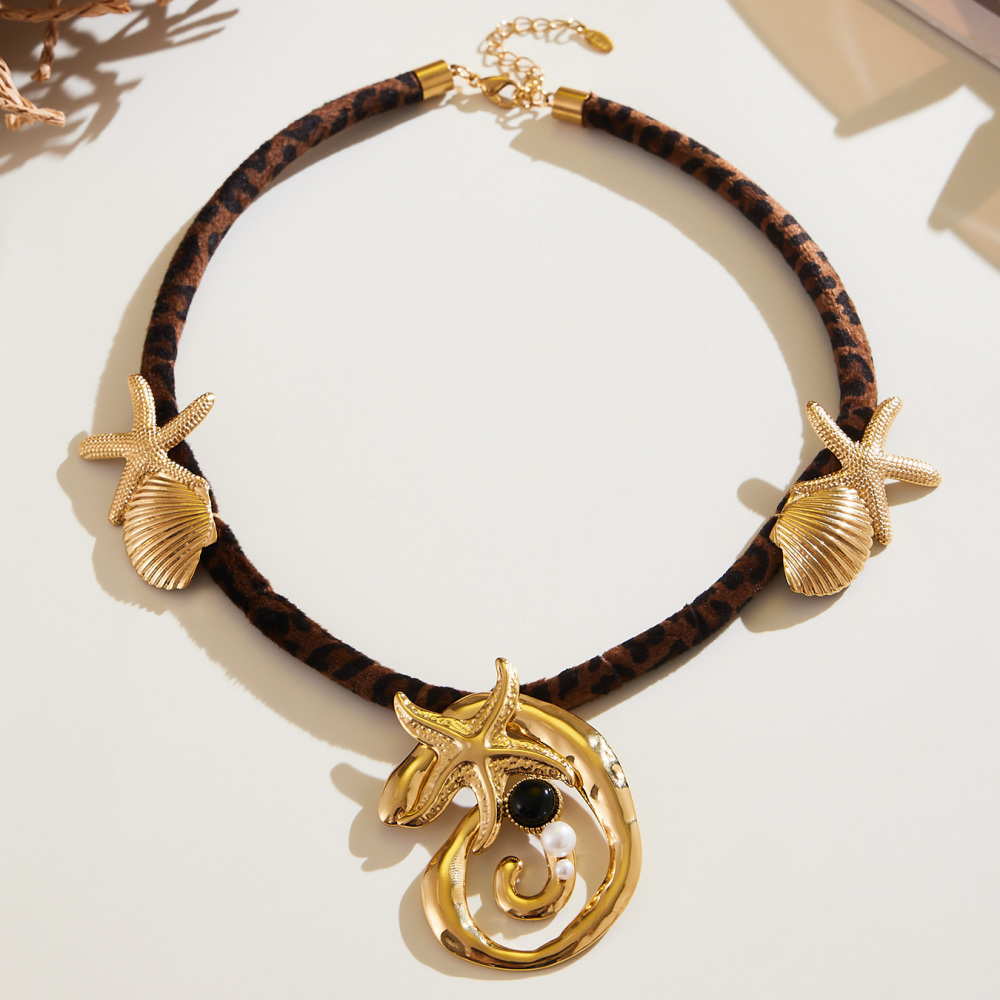 304 Stainless Steel Leopard Print Scarf Multi Pendant Necklace 18k Gold Plated West Coast Beach Style Agate Jewelry