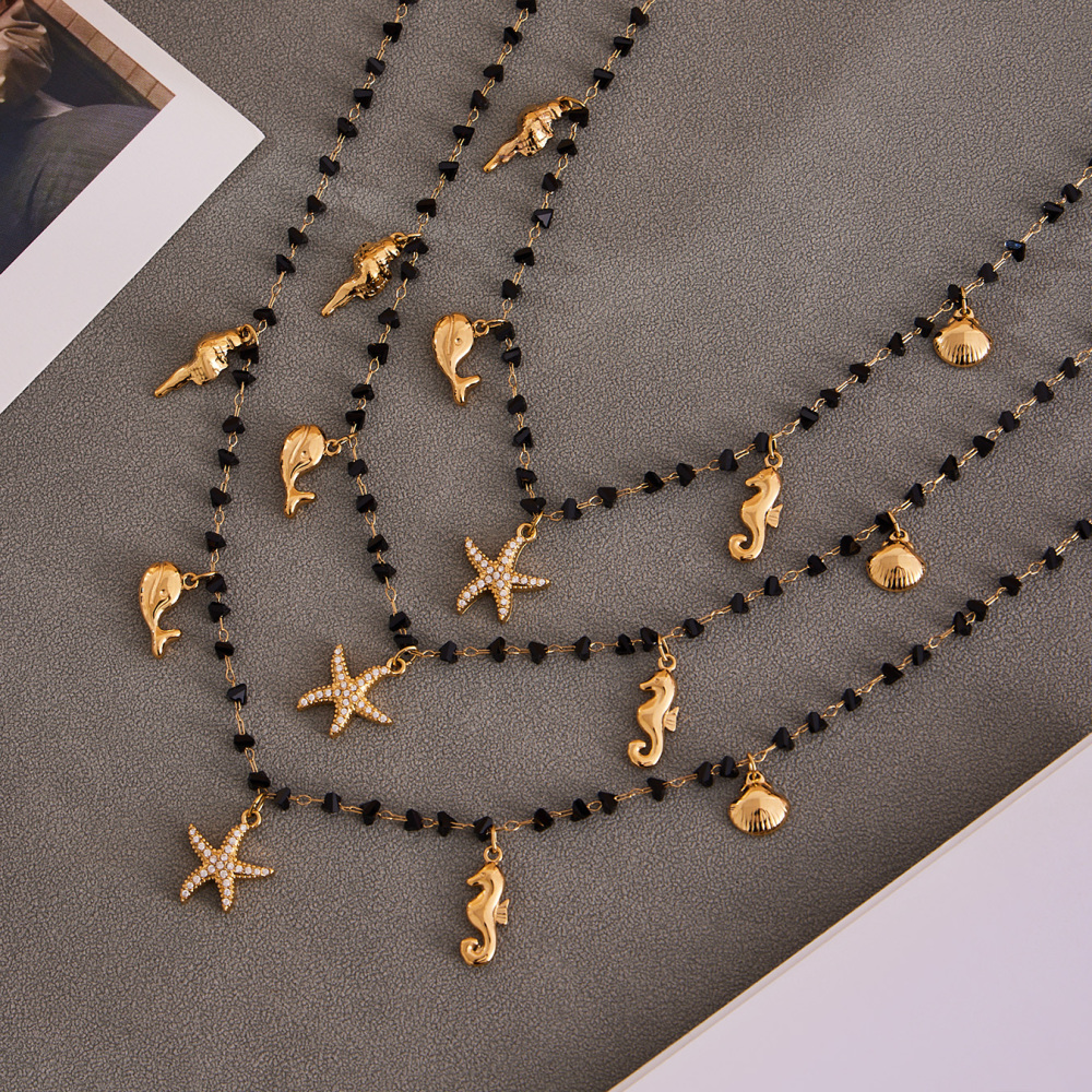 Stainless Steel Starfish Zircon Crystal Stone Beach Vacation Style Necklace Gold Plated DIY Multi Pendant Jewelry Accessories