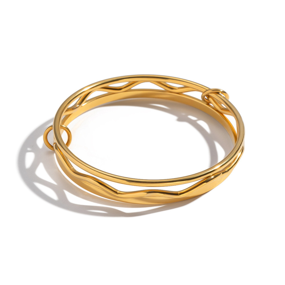 Layered Wave Ring Bracelet Set 3-Piece Stainless Steel Vacuum Plated Women's Jewelry Accessories Square