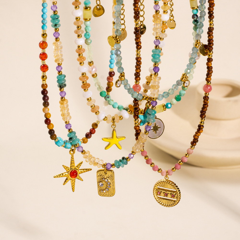 European And American New Style Light Luxury Fashion Natural Stone Beaded Necklace 304 Stainless Steel Clavicle Chain Vacuum Electroplating 14K Real Gold Plated Pendant Necklace Fresh Small Niche Retro Style