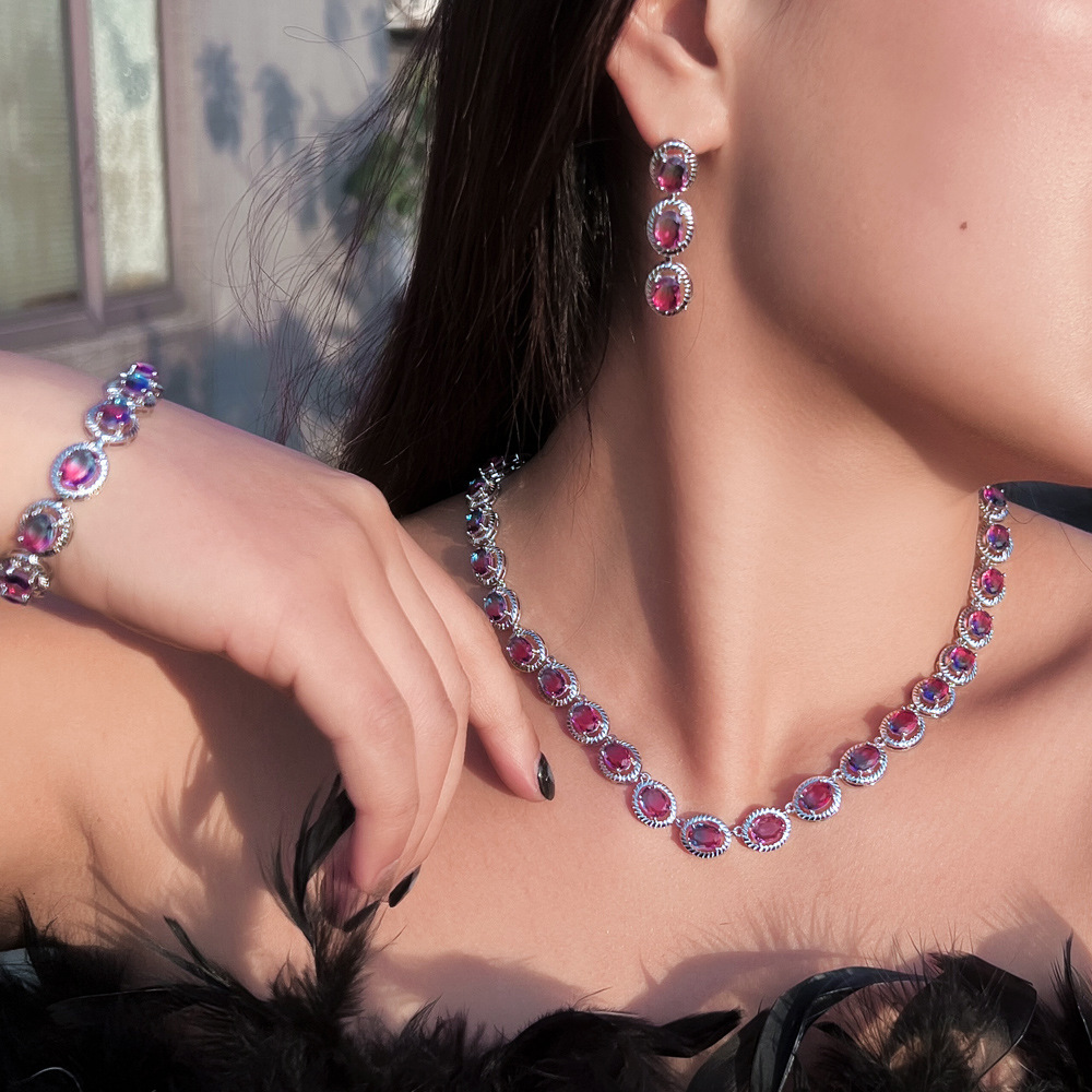 Gold Plated Bridal Jewelry Set 3 Pieces - Luxury Rhinestone & Oval Gemstone Necklace Earrings Bracelet Trio For Women Wedding Party Accessories