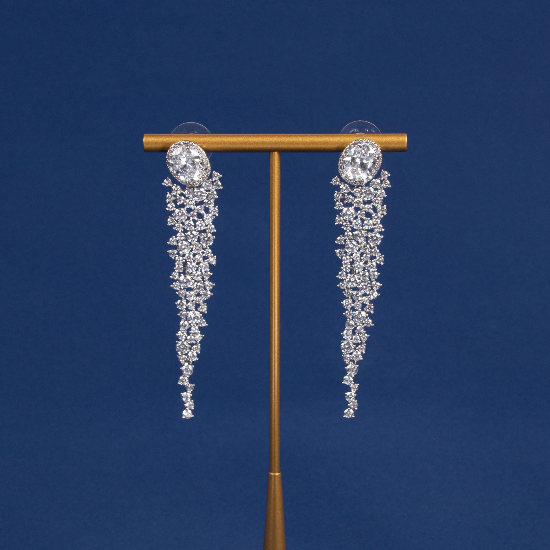 Fashionable Long Tassel Earrings Geometric Embedded Diamond Elegant Women's Jewelry Accessories Sweet Cool Style Copper Material