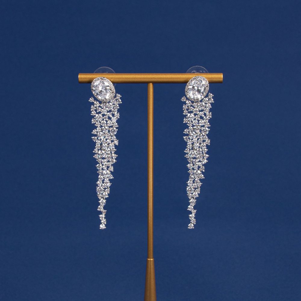 Fashionable Long Tassel Earrings Geometric Embedded Diamond Elegant Women's Jewelry Accessories Sweet Cool Style Copper Material