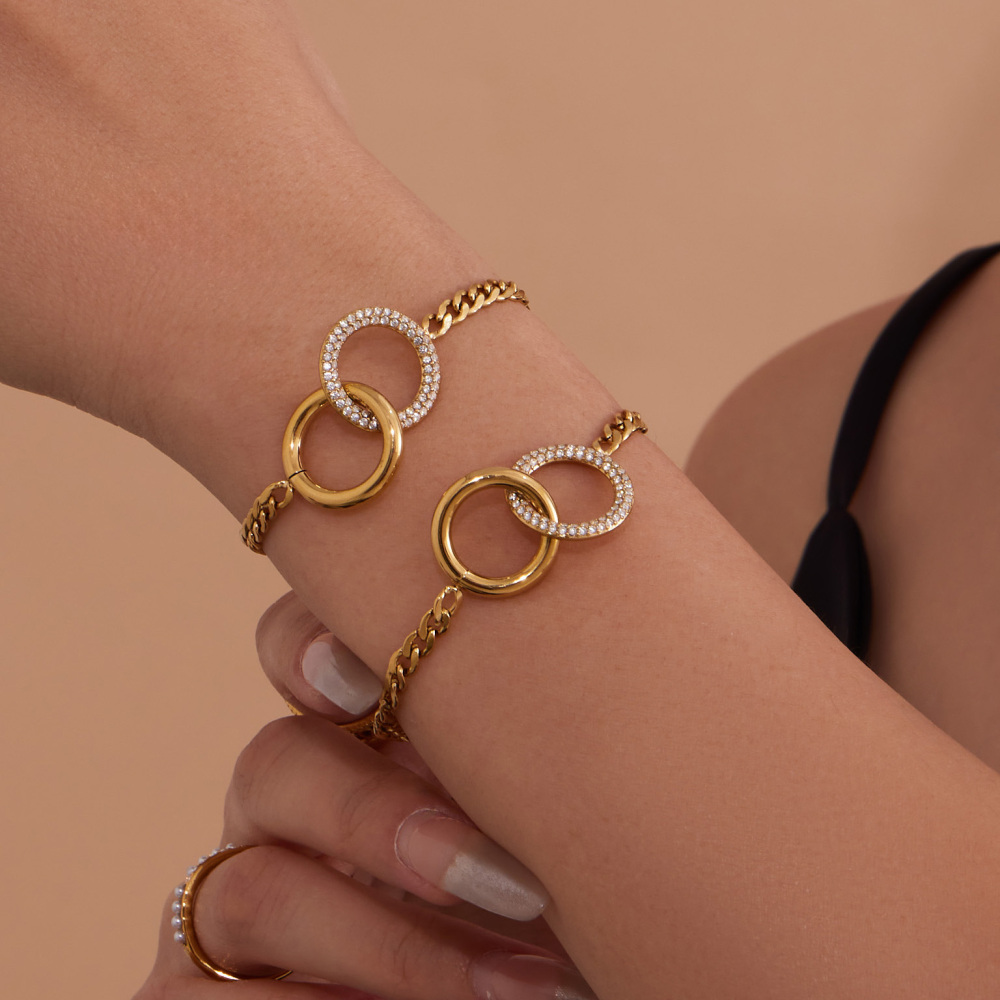 Stainless Steel Double Ring Zircon Necklace Bracelet 18K Gold Plated Fashionable Versatile Luxury Jewelry Accessories Set