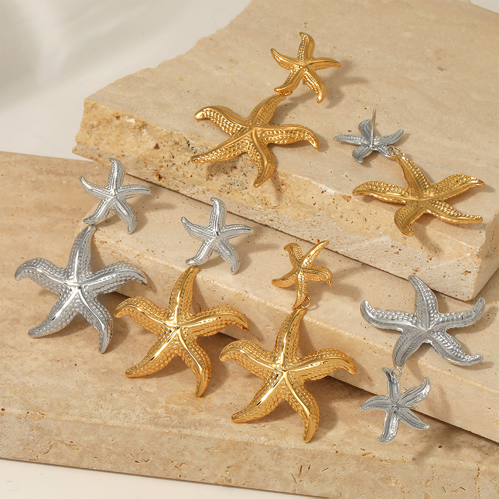 304 Stainless Steel Starfish PVD Coated Stone-Free Real Gold Plated Marine Style Beach Waterproof Non Tarnish Drop Earrings