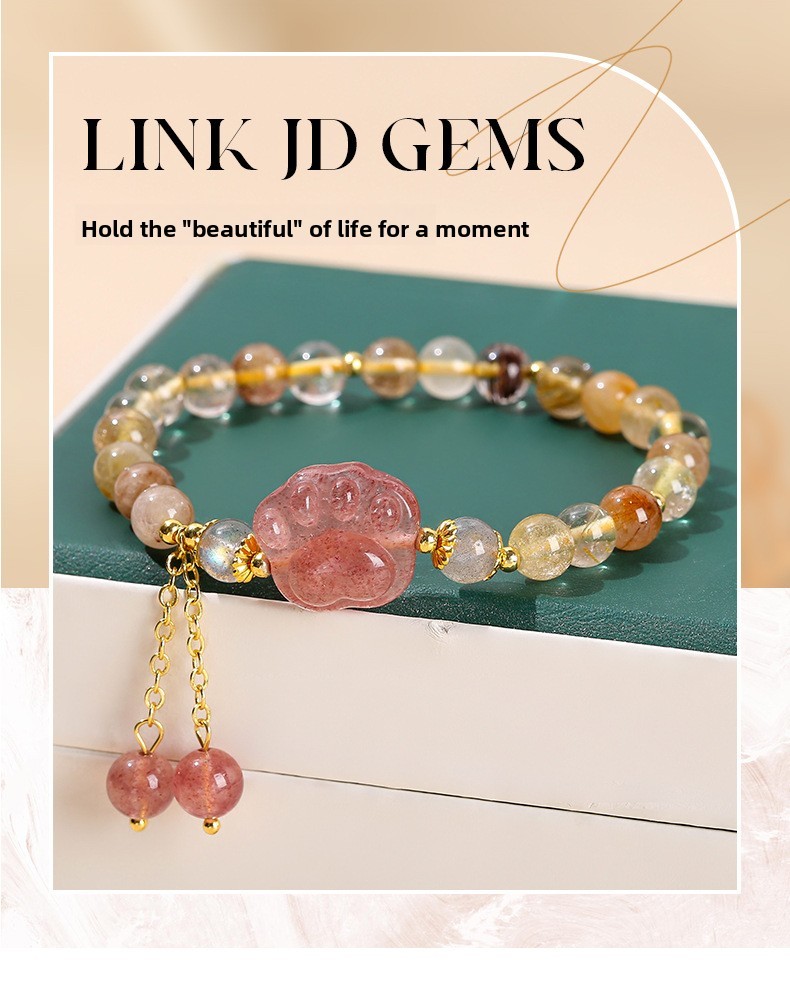 Natural Crystal Cat Paw Bracelet For Girls Cute Tassel Accessories Strawberry Crystal Hair Jewelry Crystal Animal Pattern Jewelry