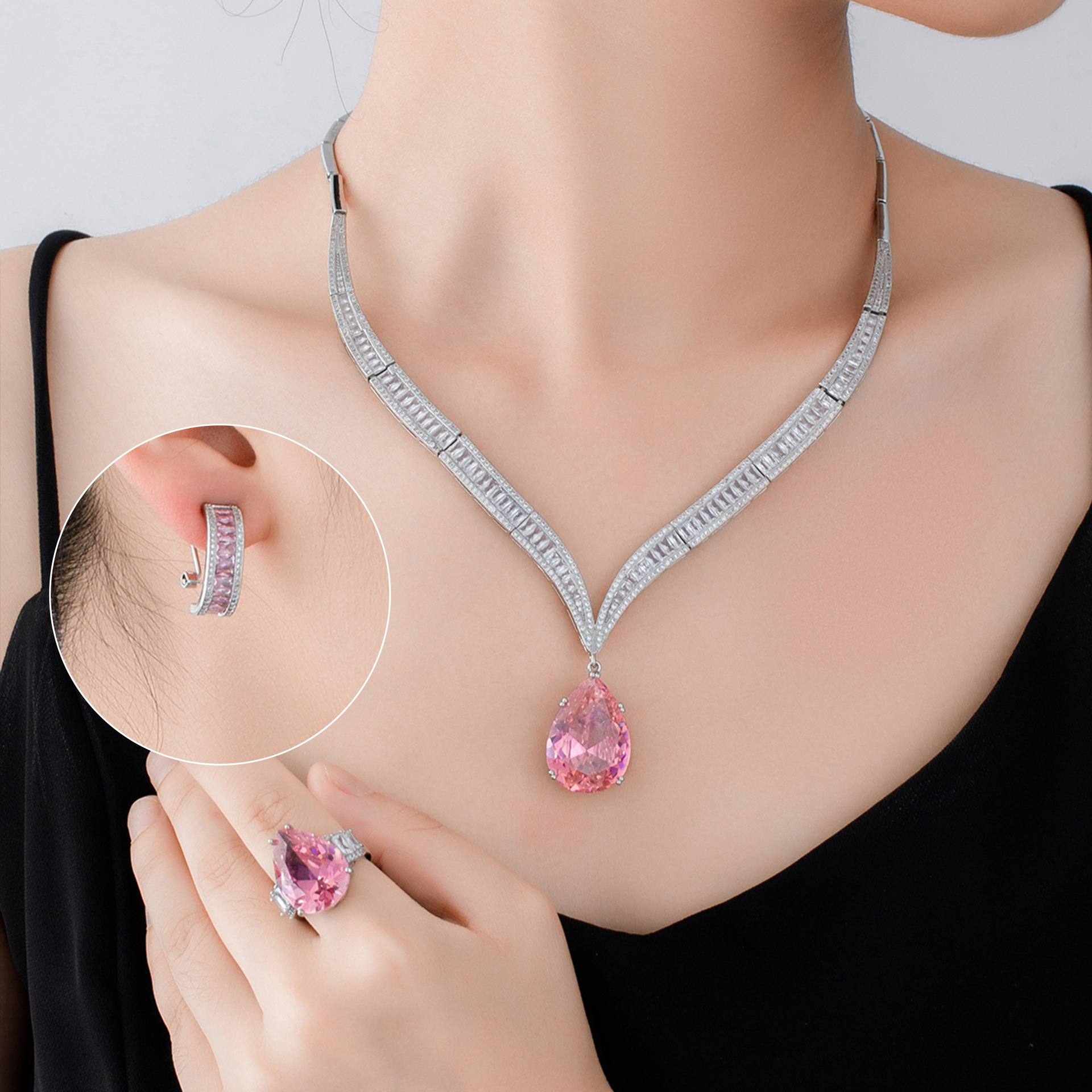 Elegant Waterdrop Zirconia Clavicle Necklace Jewelry Set Bridal Luxury Wedding Accessories Copper Material Cold Style For Women