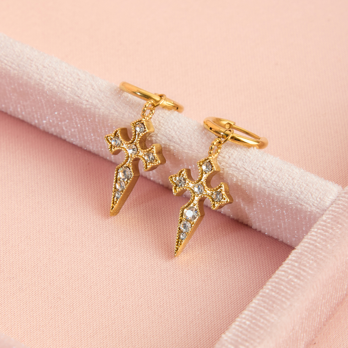 Women's Classic Style 18K Gold Stainless Steel + Rhinestone White Rhinestone Cross Pendant Earrings Pair