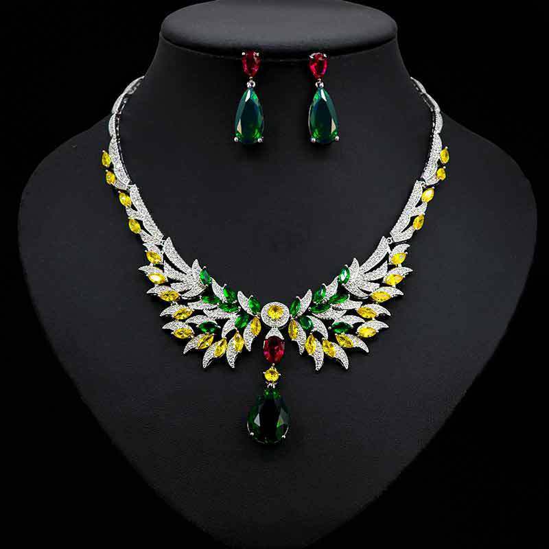 Zircon Jewelry Set Embedded Waterdrop Emerald Gem Necklace Earrings Oxidized Zirconia Ethnic Style Women's Fashion Accessories