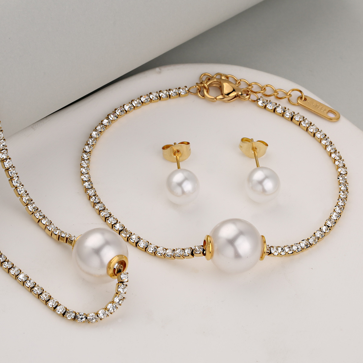 Stainless Steel Full Drill Jewelry Set Cross Circle Heart Shaped Vacuum Plating 18K Gold Dipped Water Diamond Accessories