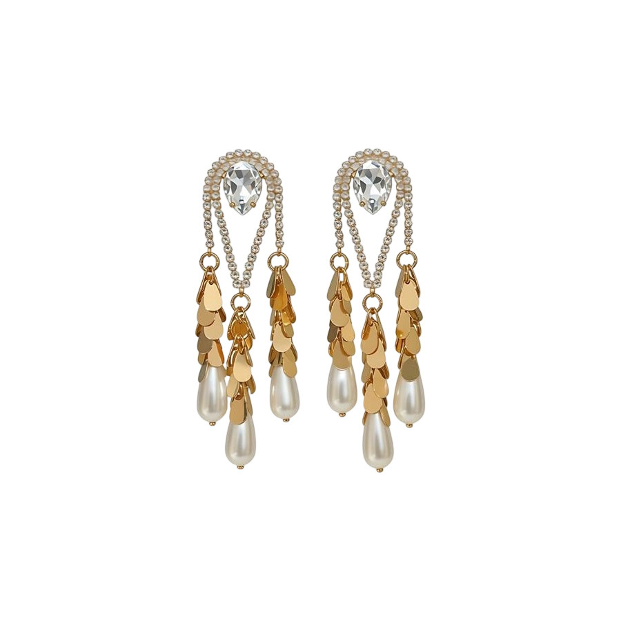 Gold Plated Silver Pin Inlaid Diamond Water Drop Pearl Earrings Vintage Heavy Earrings Jewelry Accessories