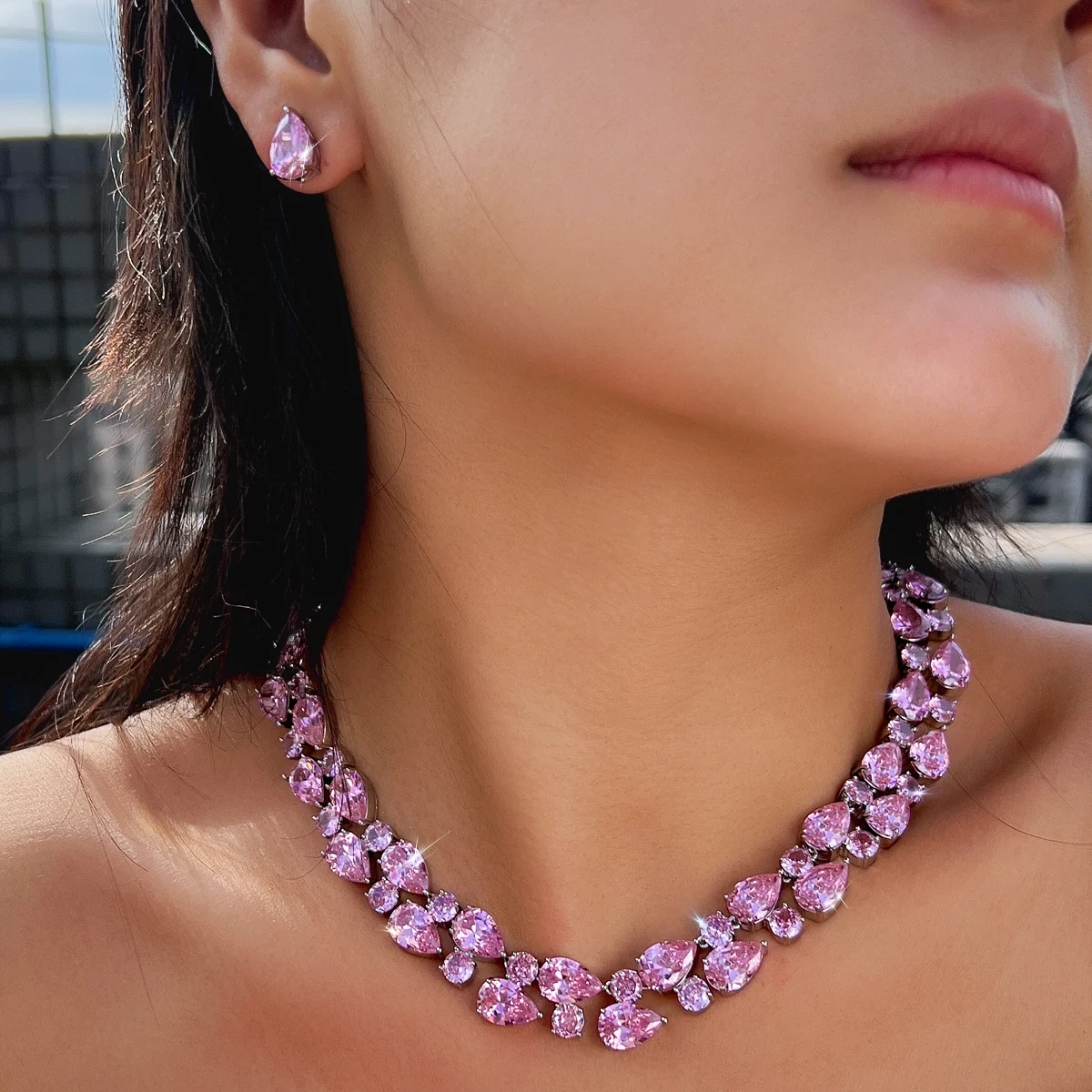 Copper Jewelry Two-Piece Set Luxurious Pink Water Drop Zircon Crystal Necklace Earring Set Suitable For Women Valentine's Day Wedding Party Wear Best Gift Choice