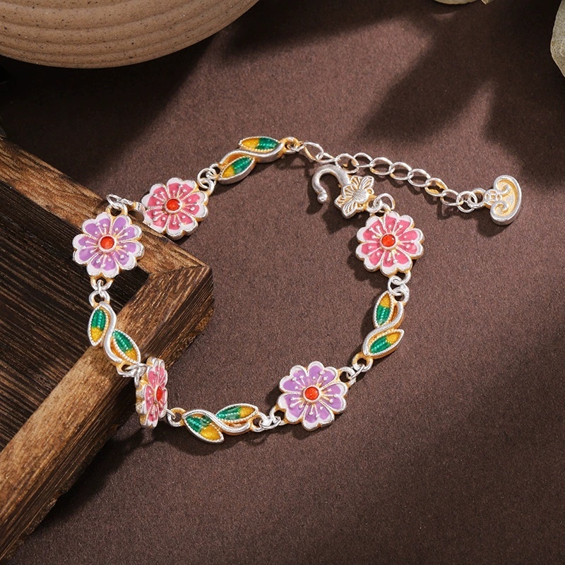 Silver-Plated Enamel Gold-Plated Vintage Geometric Pattern Peach Blossom Green Leaf Ingot Bracelet Chinese Style New Chinese Jewelry Gift For Girlfriend