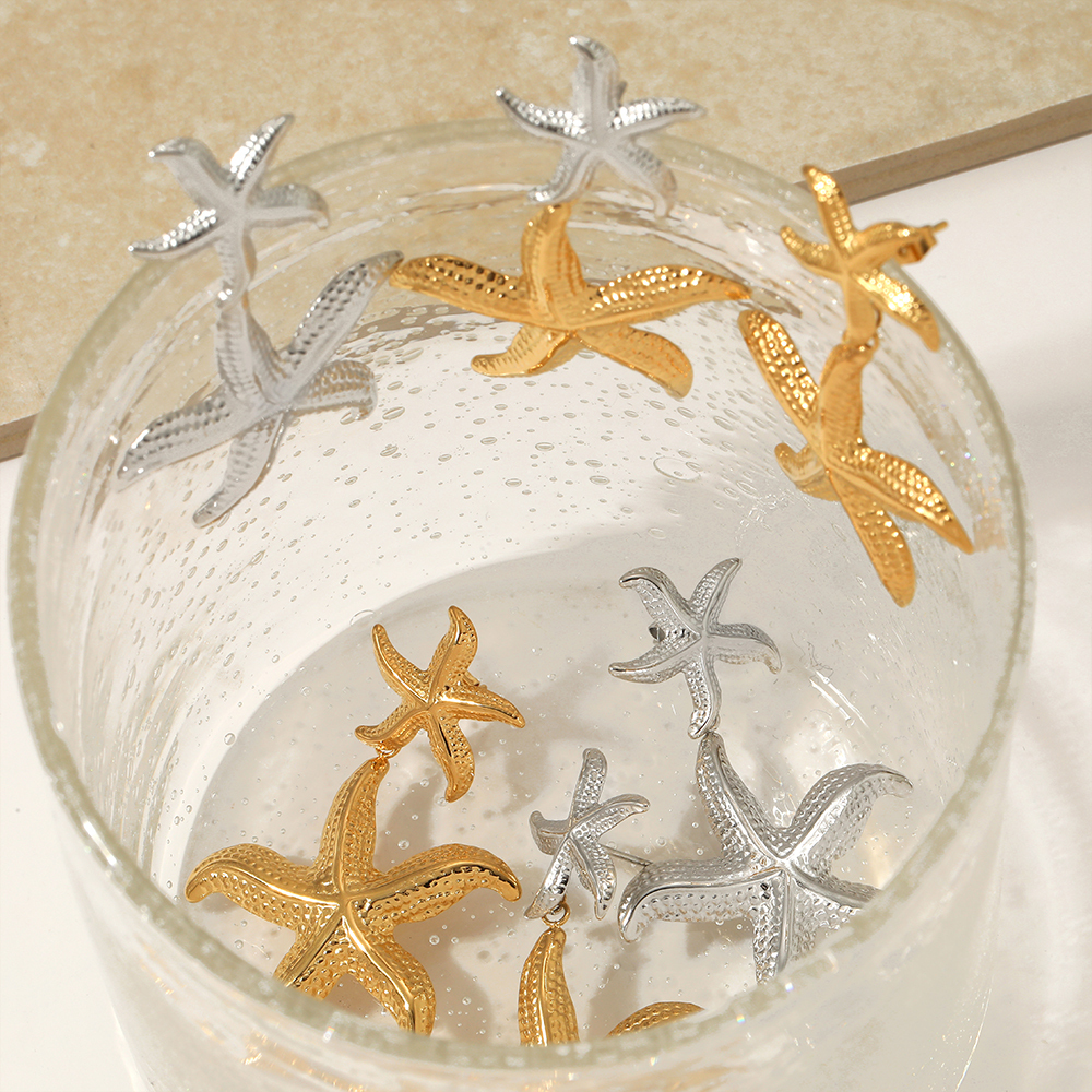 304 Stainless Steel Starfish PVD Coated Stone-Free Real Gold Plated Marine Style Beach Waterproof Non Tarnish Drop Earrings