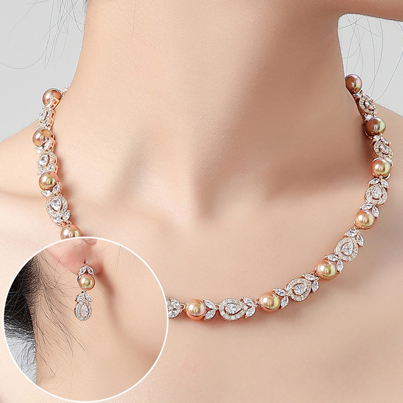 New Style Wedding Luxury Pearl Necklace Earring Set Full Of Diamonds AAA Zirconia Stone Banquet Elegant Accessories Bridal Jewelry