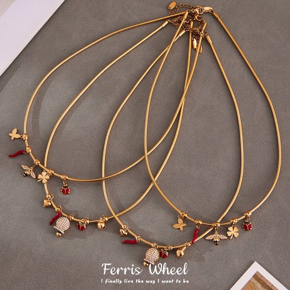 Stainless Steel Zirconia Pendant Oil Drop Red Pepper Ladybug Bee Bell Tassel Women's Necklace Unique Style Jewelry Accessories